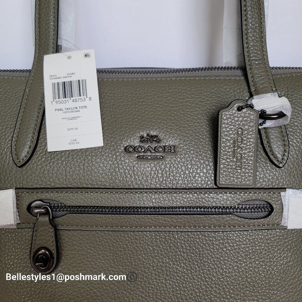 COACH Taylor Polished Pebbled Leather Large Tote- Army Green color ⭐ - Picture 15 of 16